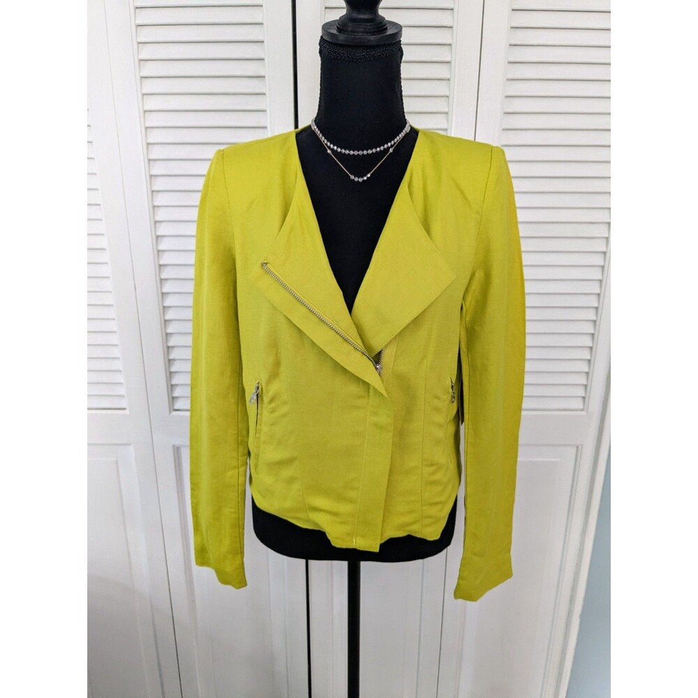 KAREN KANE Moto Jacket Womens S Electric Green Linen Asymmetric Zip Vibrant NEW
